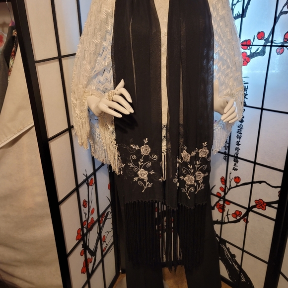 Anne Klein Accessories - PRELOVED ANNE KLEIN SHEER CHIFFON SCARF/SHAWL WITH EMBORDIARY ROSES & TAZZLES